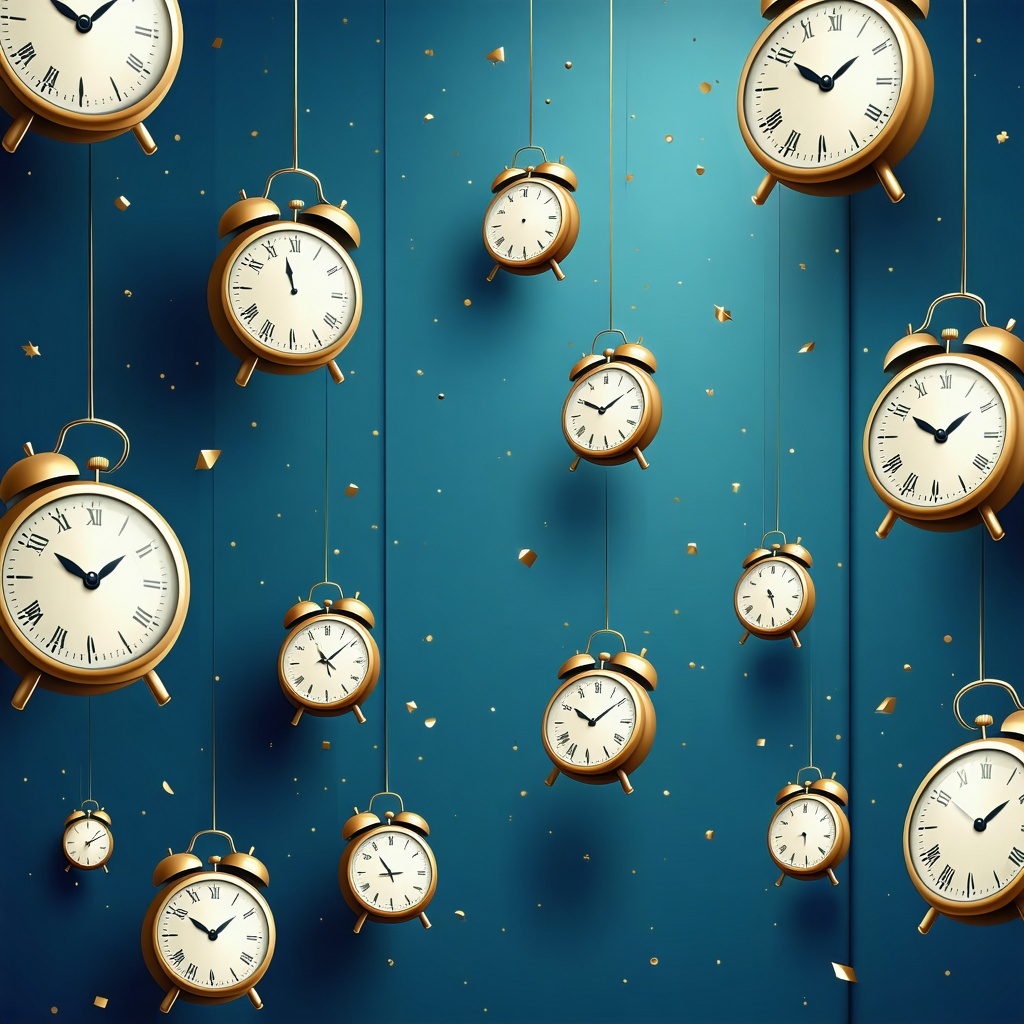 graphical illustration a lot of stylized clocks flying from one place to another