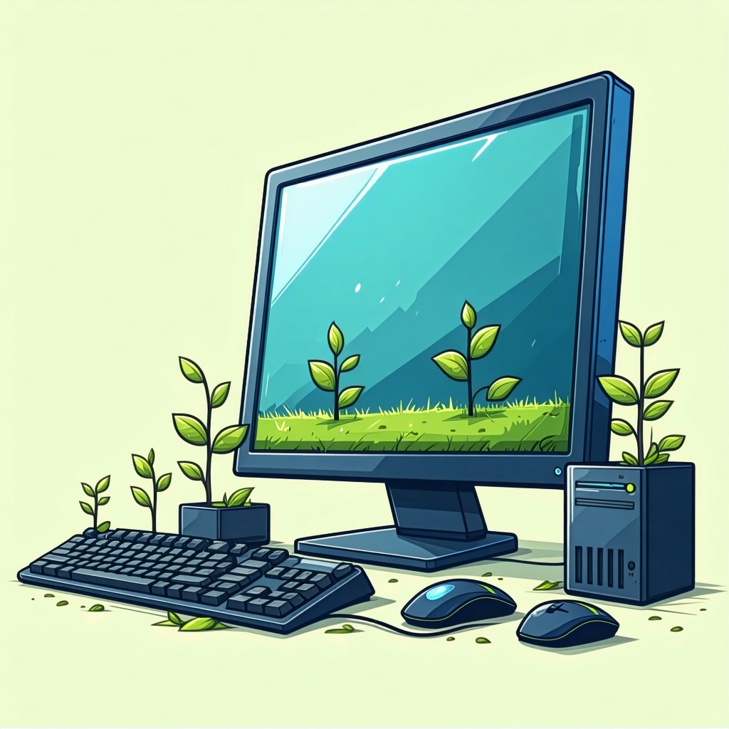 stylized clipart illustration of desktop computer growing in size and strength