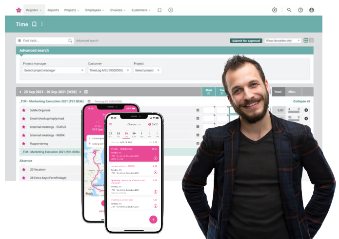 Недельный табель TimeLog с задачами проекта и отсутствиями рядом со смартфоном с записями времени