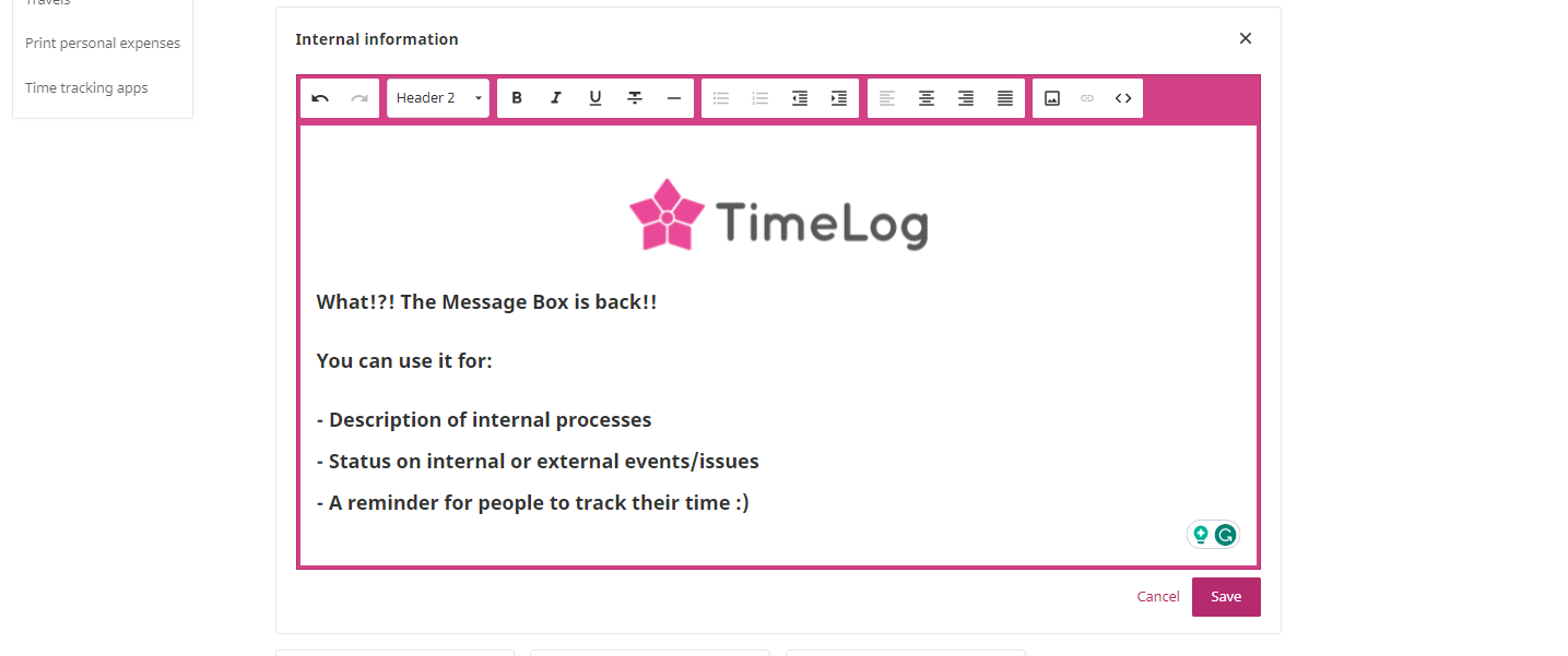 Internal message box