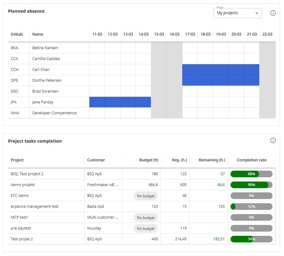 project manager widgets